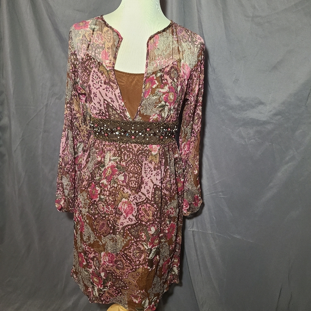 Floral Long Sleeve Dress with Beaded Waist